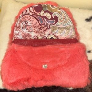 Handmade Pink Rabbit Fur Vintage Purse Used w silk paisley design inside Clutch